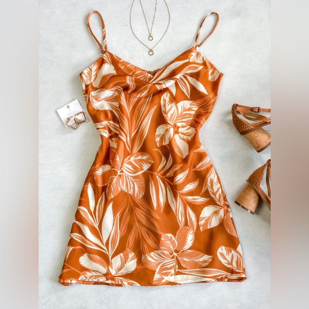 Orange and White Floral Silk Mini/Short Dress for Summer with Adjustable Straps - Picture 2 of 9